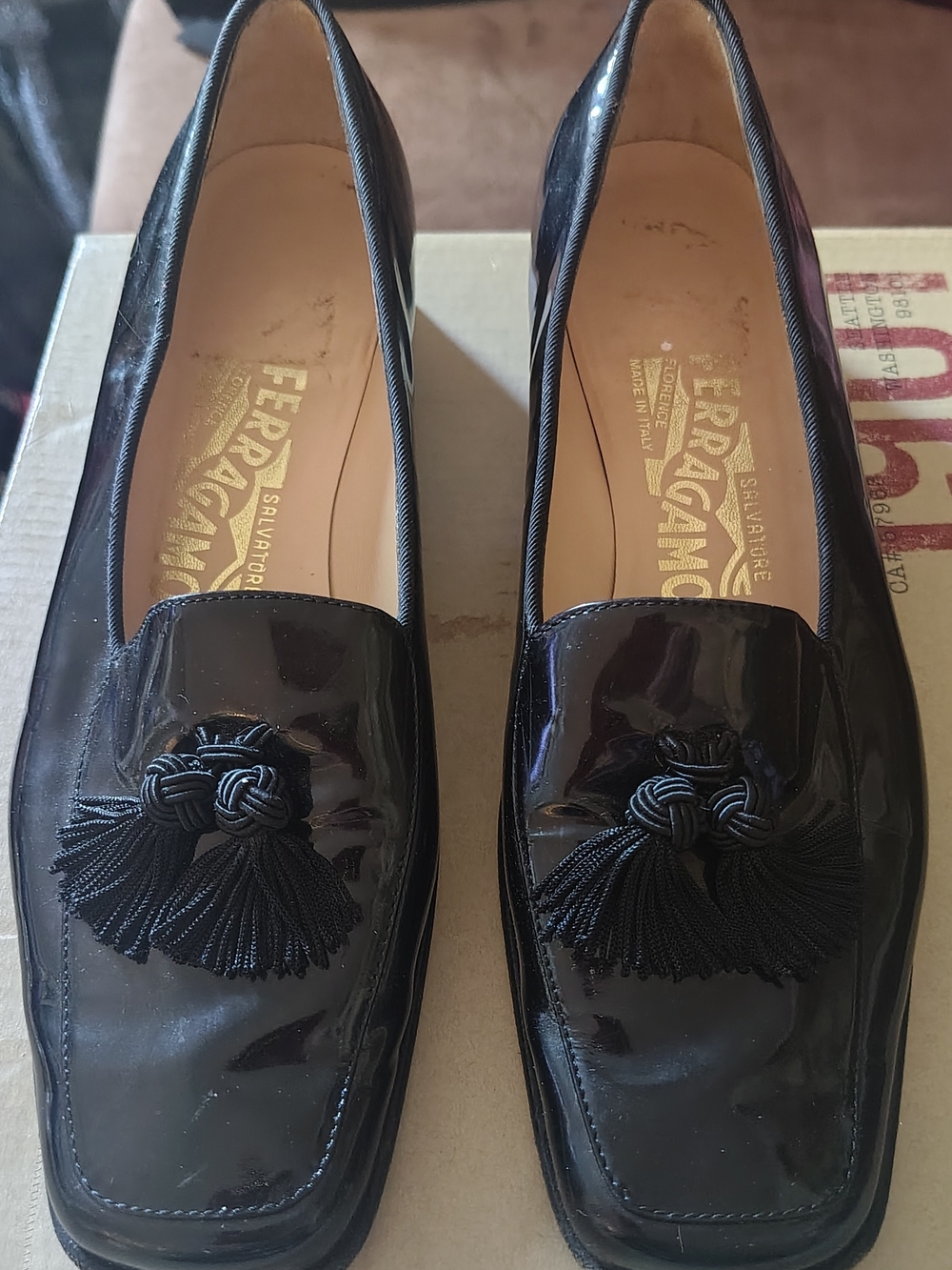 Salvatore Ferragamo Black Patent Tassel Loafers "Alberta"